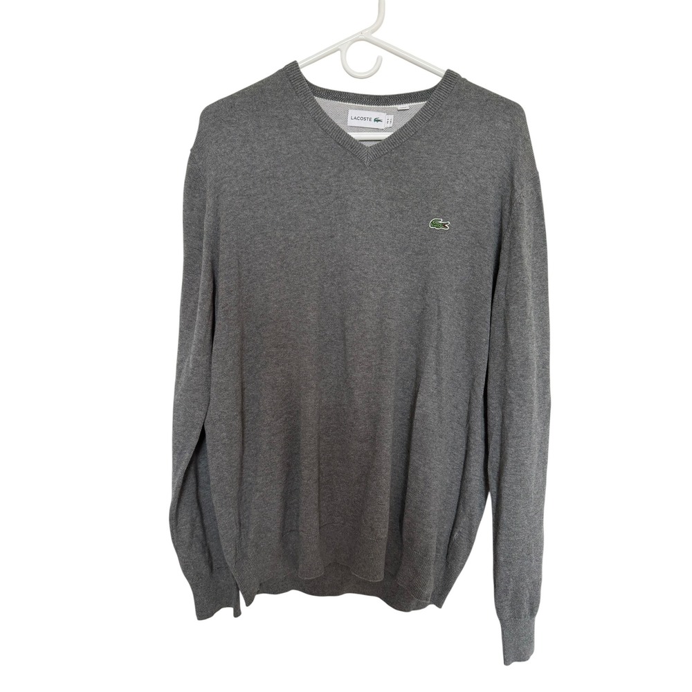 Lacoste Mens V-Neck Sweater Heather Grey Classic Fit Logo Knit Pullover US L